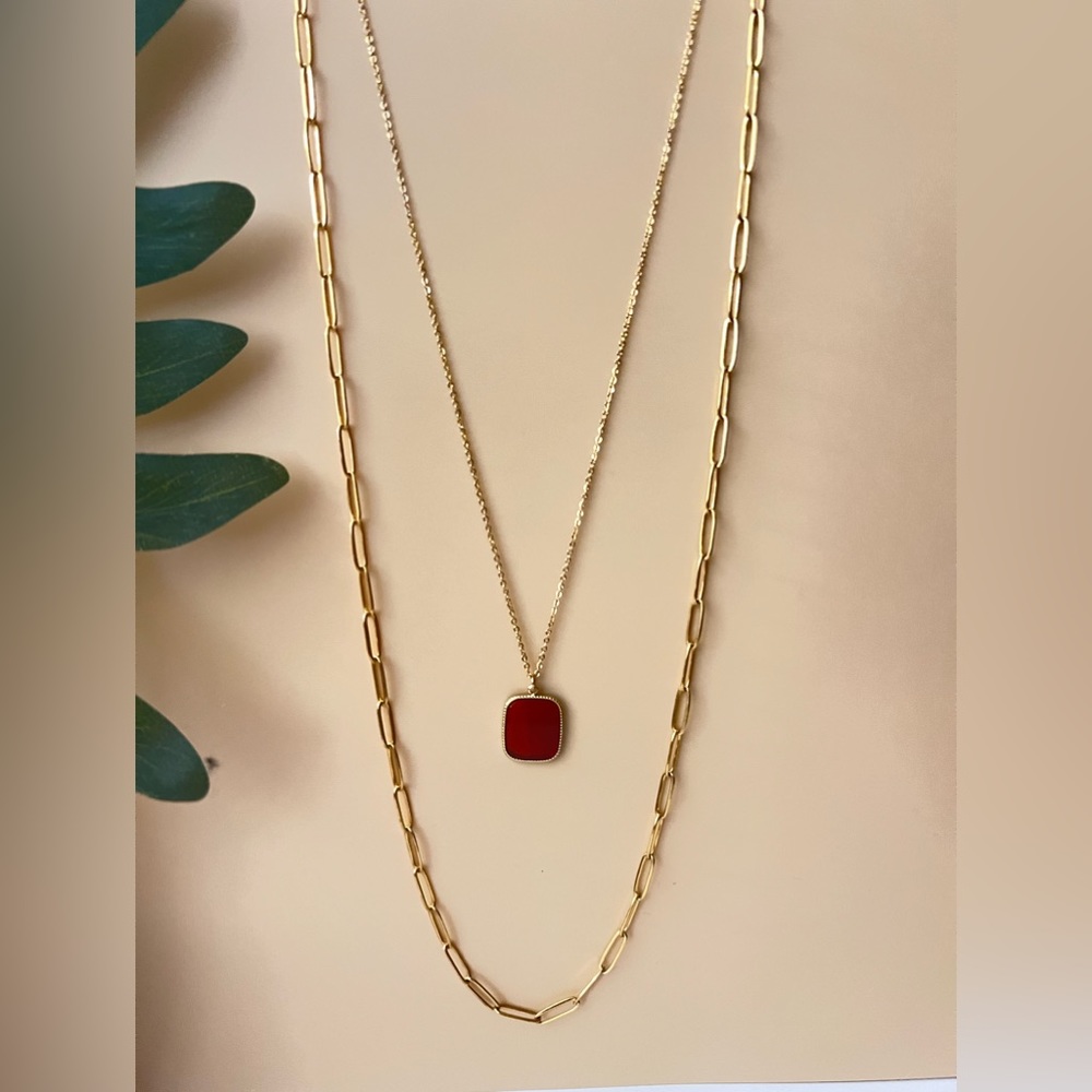 Red & Gold Elegant Pendant Layered Necklace, Red Natural Stone Pendant Necklace
